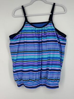 Free Tech Womens 2X Blouson Tankini Swim Suit Top Purple Teal Stripes Soft Cup